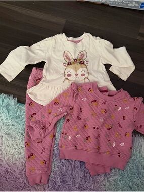 Koala Kids Pink and Cream Bunny Floral 2-Piece Pajama Set